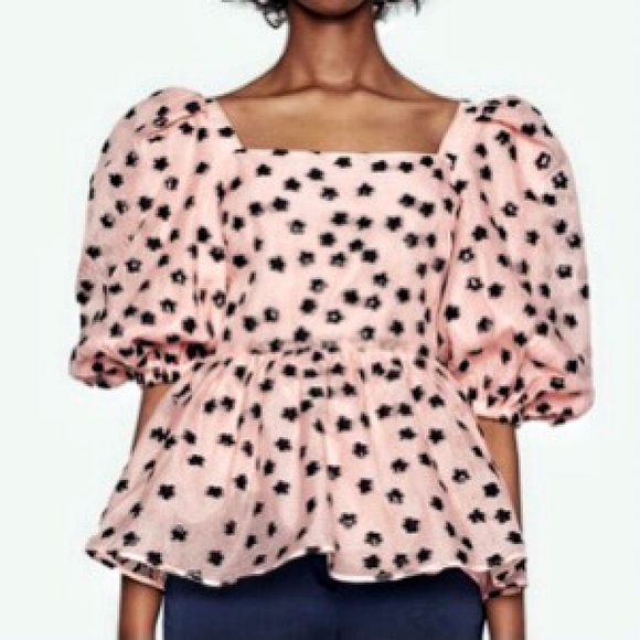 Stine Goya Irene Puff Sleeve Peplum Top in Meadow Pink Blush - Picture 2 of 5